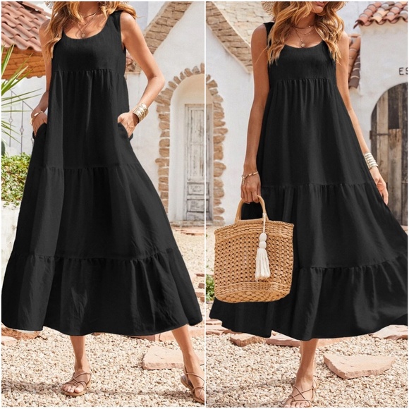 Solid Black Flowy Ruffle Hem Maxi Dress - Picture 1 of 4